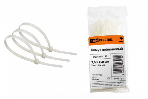 Хомут (стяжка) нейлон  3.6 х 150  белый  (100шт)  TDM SQ0515-0119